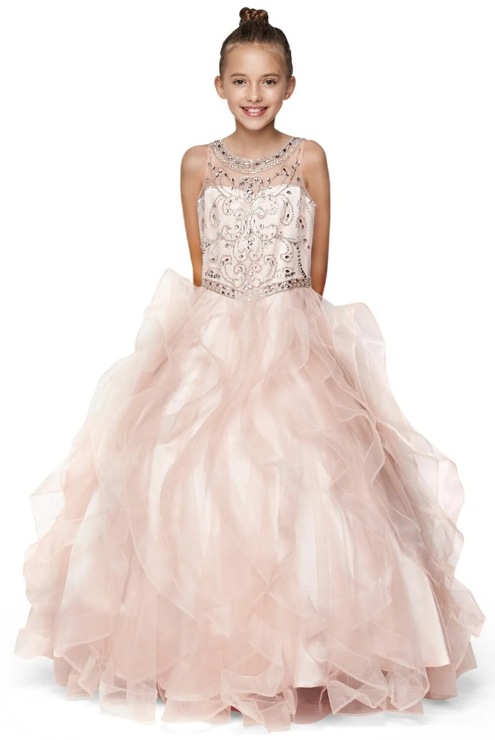 Girls Beaded Illusion Ball Gown with Layered Skirt 8000