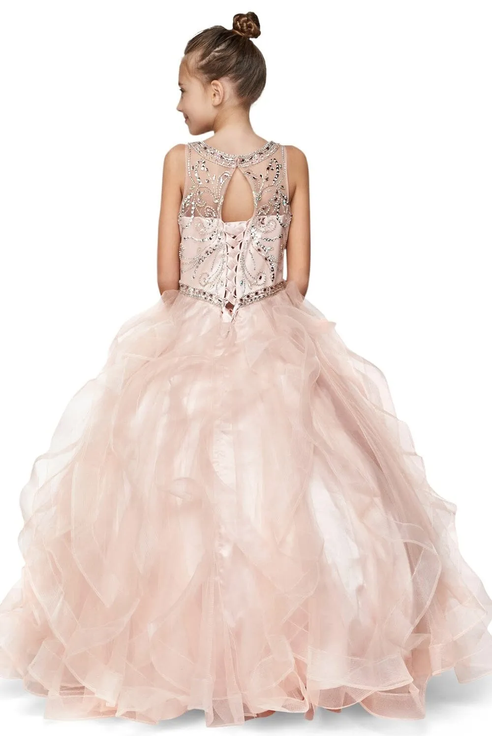 Girls Beaded Illusion Ball Gown with Layered Skirt 8000