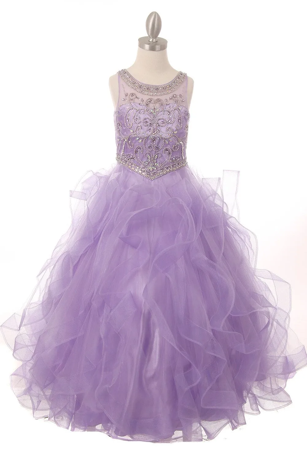 Girls Beaded Illusion Ball Gown with Layered Skirt 8000