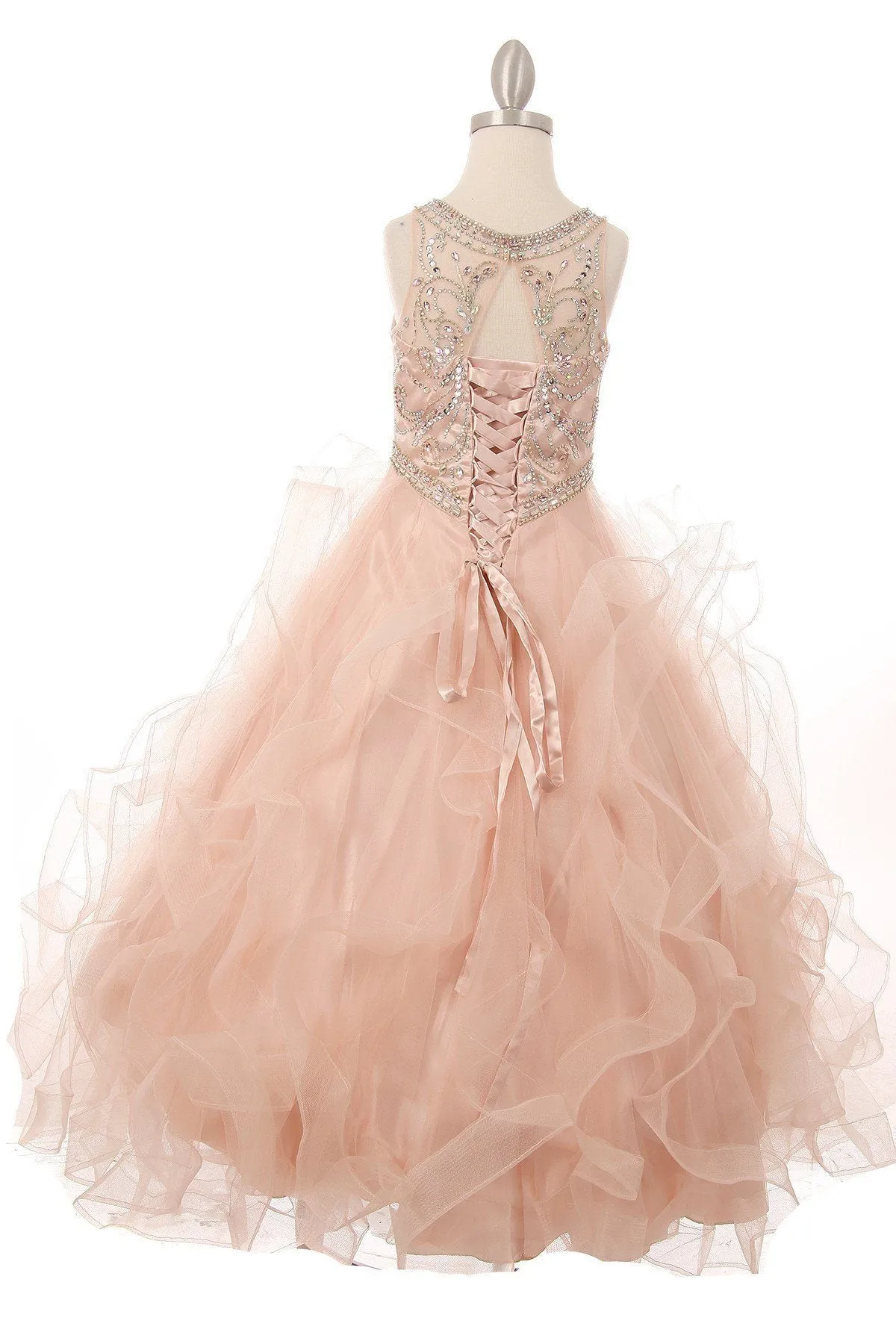 Girls Beaded Illusion Ball Gown with Layered Skirt 8000