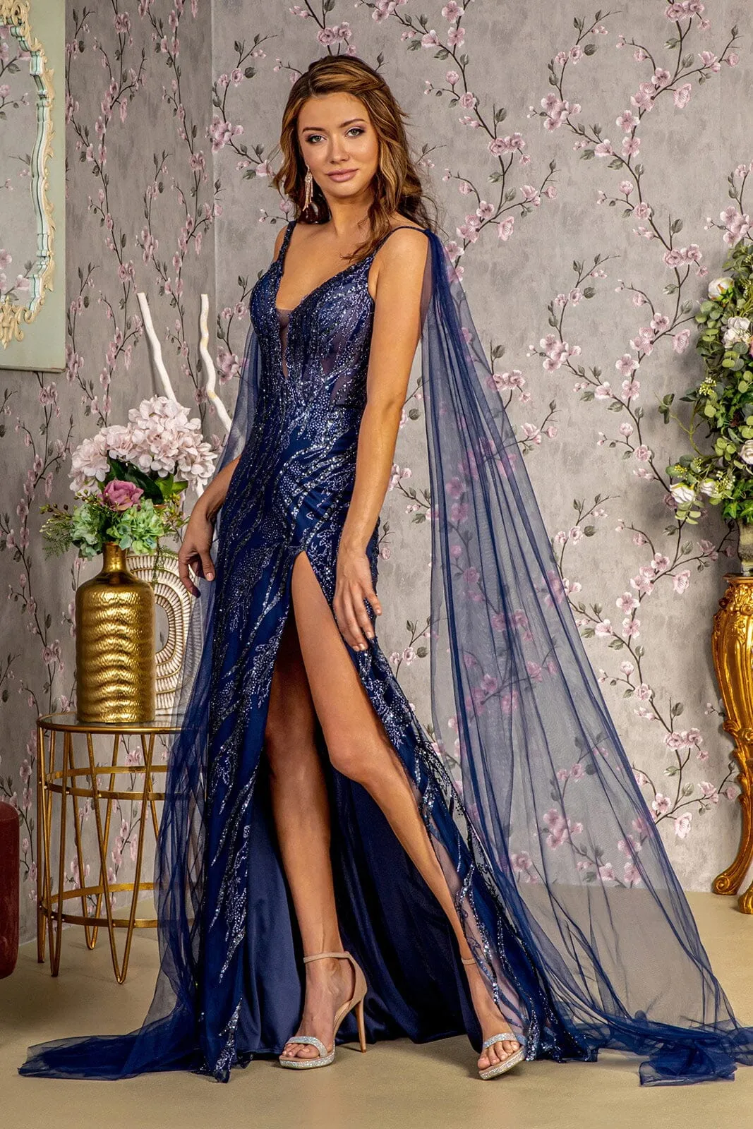 Glitter Print Sleeveless Cape Slit Gown by GLS Gloria GL3369