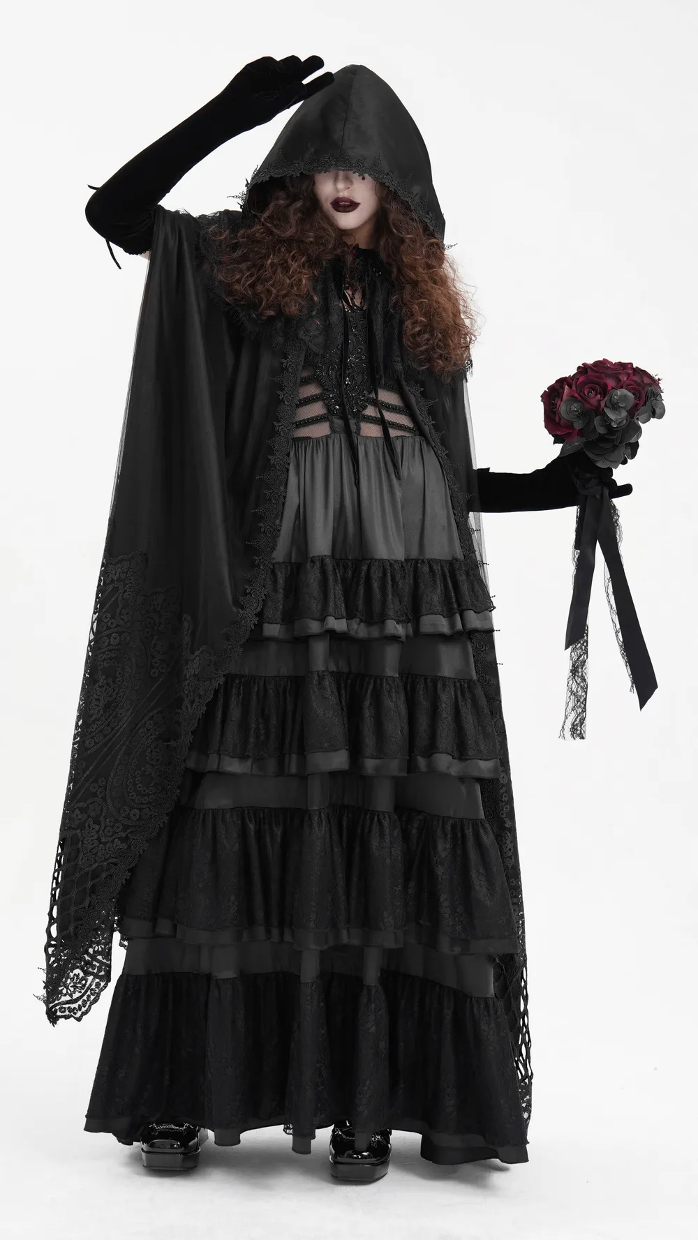 Gothic Hooded Cape with Lace Embroidery and Mesh Details