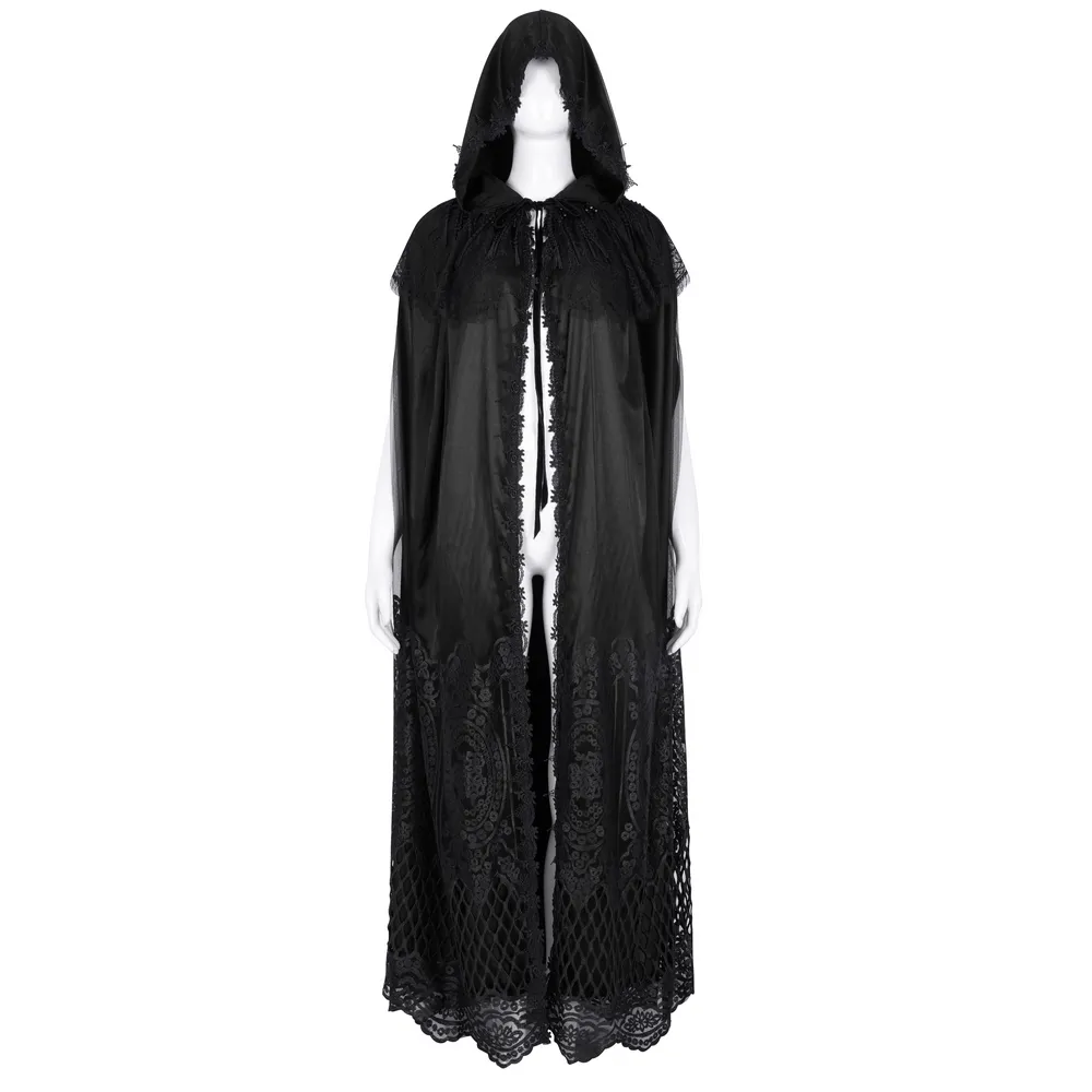 Gothic Hooded Cape with Lace Embroidery and Mesh Details