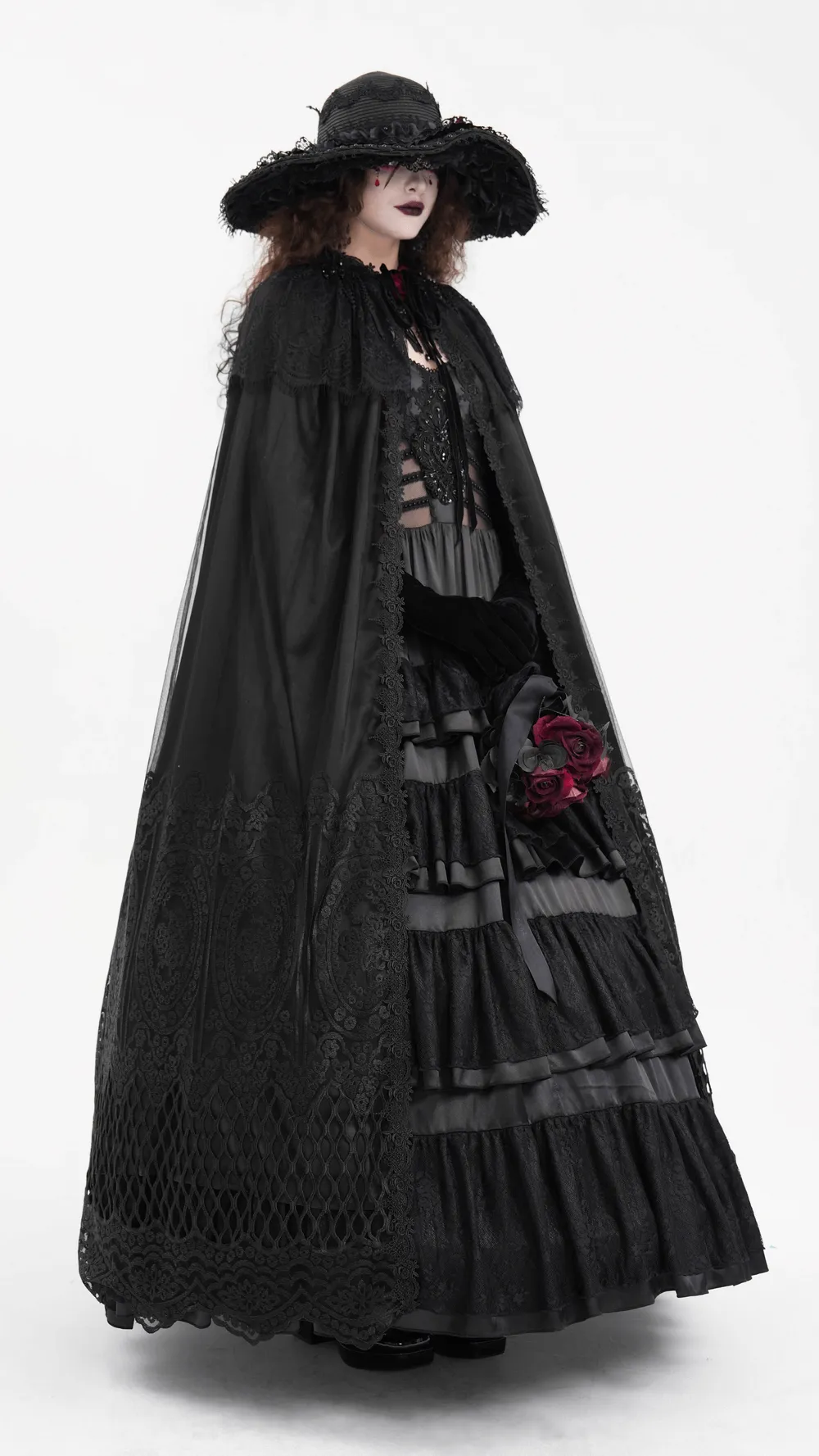 Gothic Hooded Cape with Lace Embroidery and Mesh Details