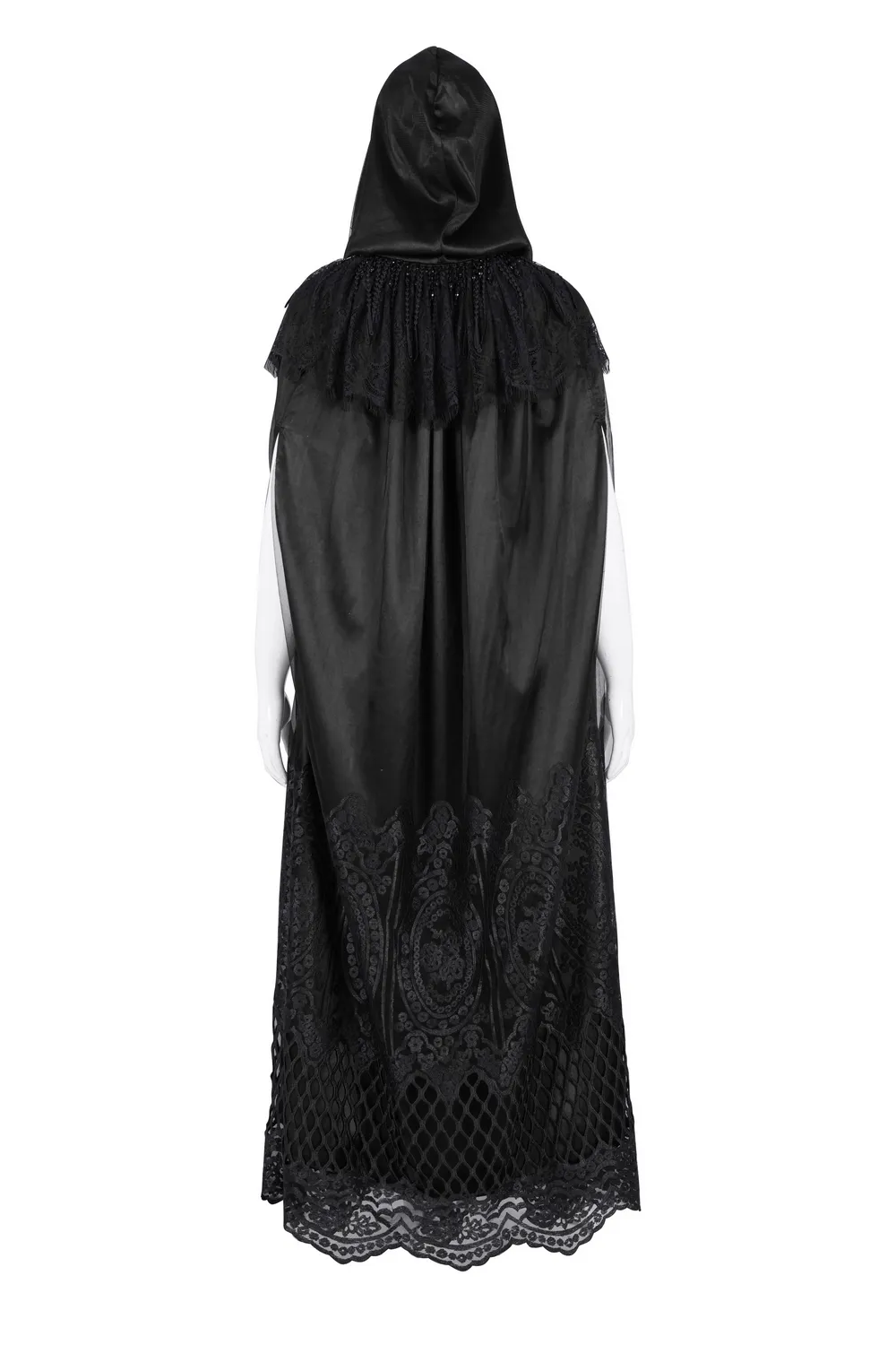 Gothic Hooded Cape with Lace Embroidery and Mesh Details