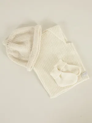 Hand Knitted Beanie, Vest & Socks Set | Cream 3-6 Months