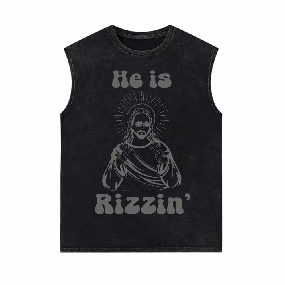 He Is Rizzin Christian Funny Vintage Washed Vest Top