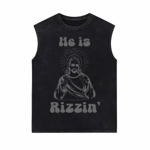 He Is Rizzin Christian Funny Vintage Washed Vest Top