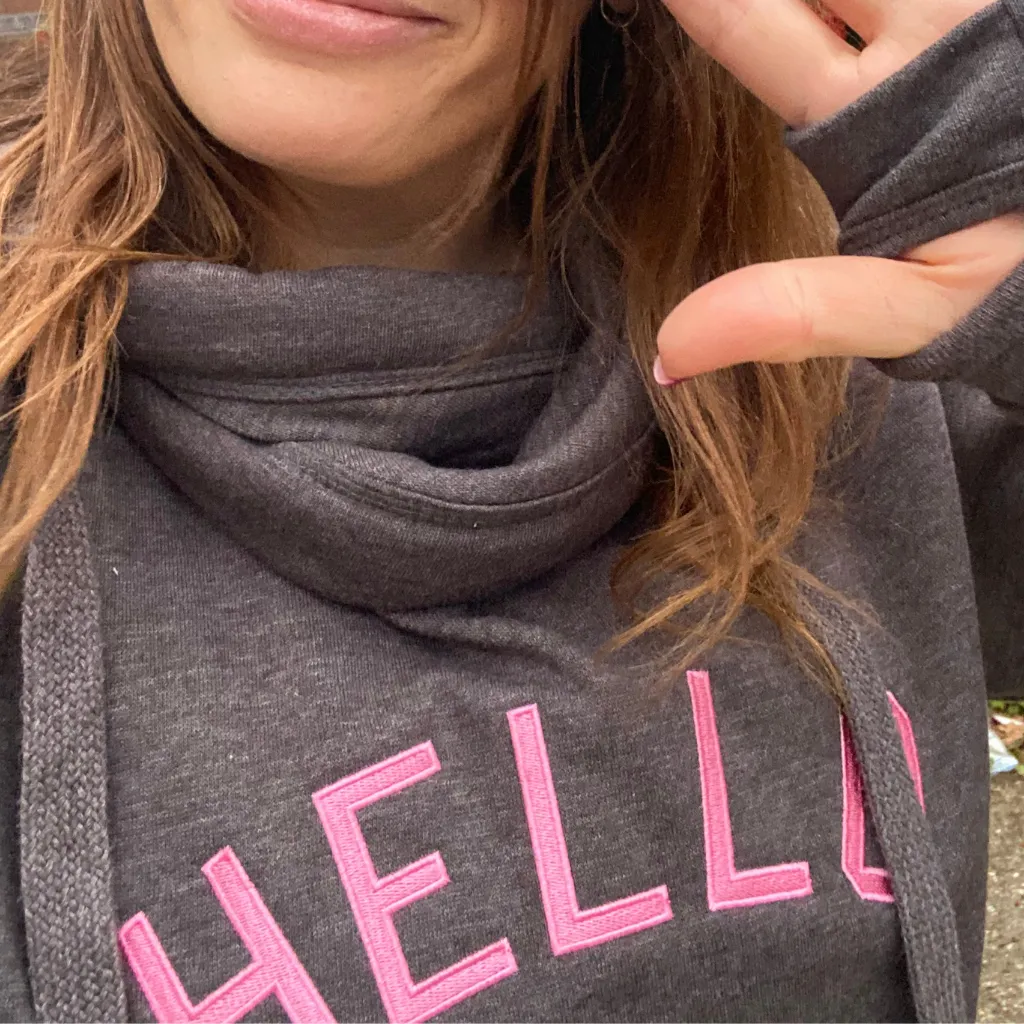 Hello Embroidered Charcoal Grey Cowl Neck Hoodie