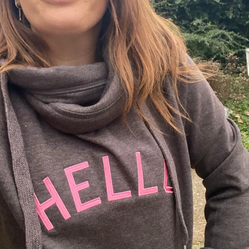 Hello Embroidered Charcoal Grey Cowl Neck Hoodie