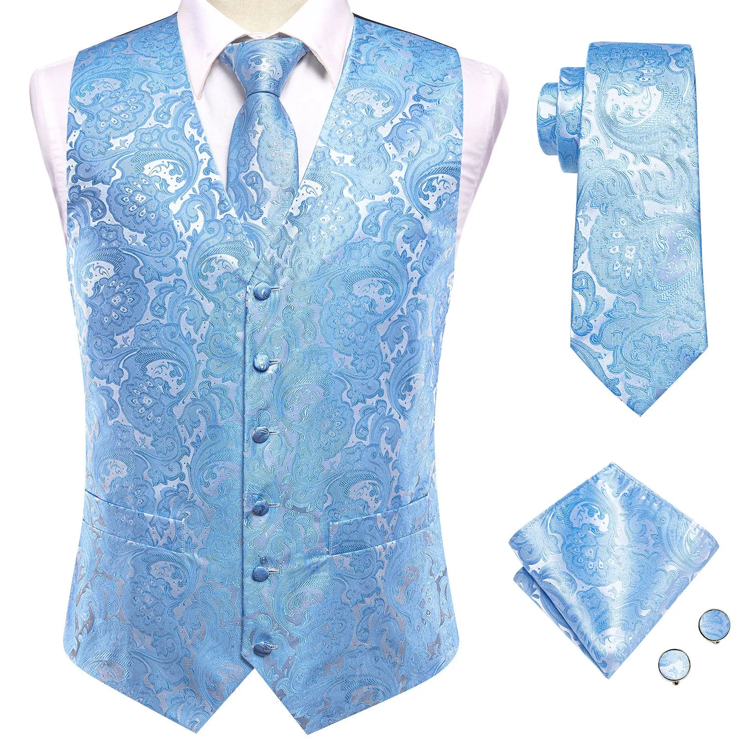 Hi-Tie Baby Blue Paisley Silk Men's Vest Hanky Cufflinks Necktie Set