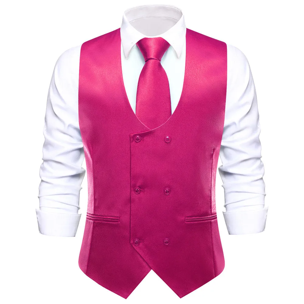 Hi-Tie Cerise Pink Solid U-Neck Double-Breasted Vest Necktie Bowtie Set