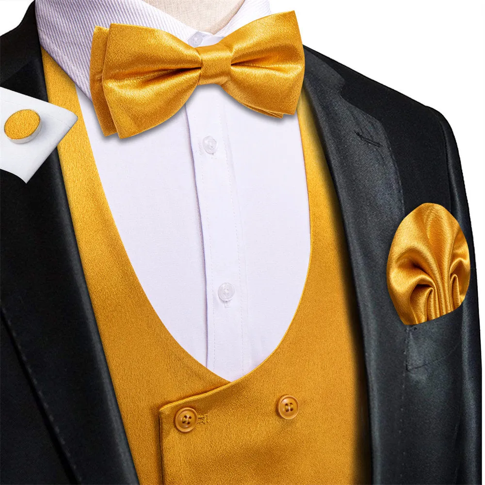 Hi-Tie Harvest Gold Solid U-Neck Double-Breasted Vest Necktie Bowtie Set