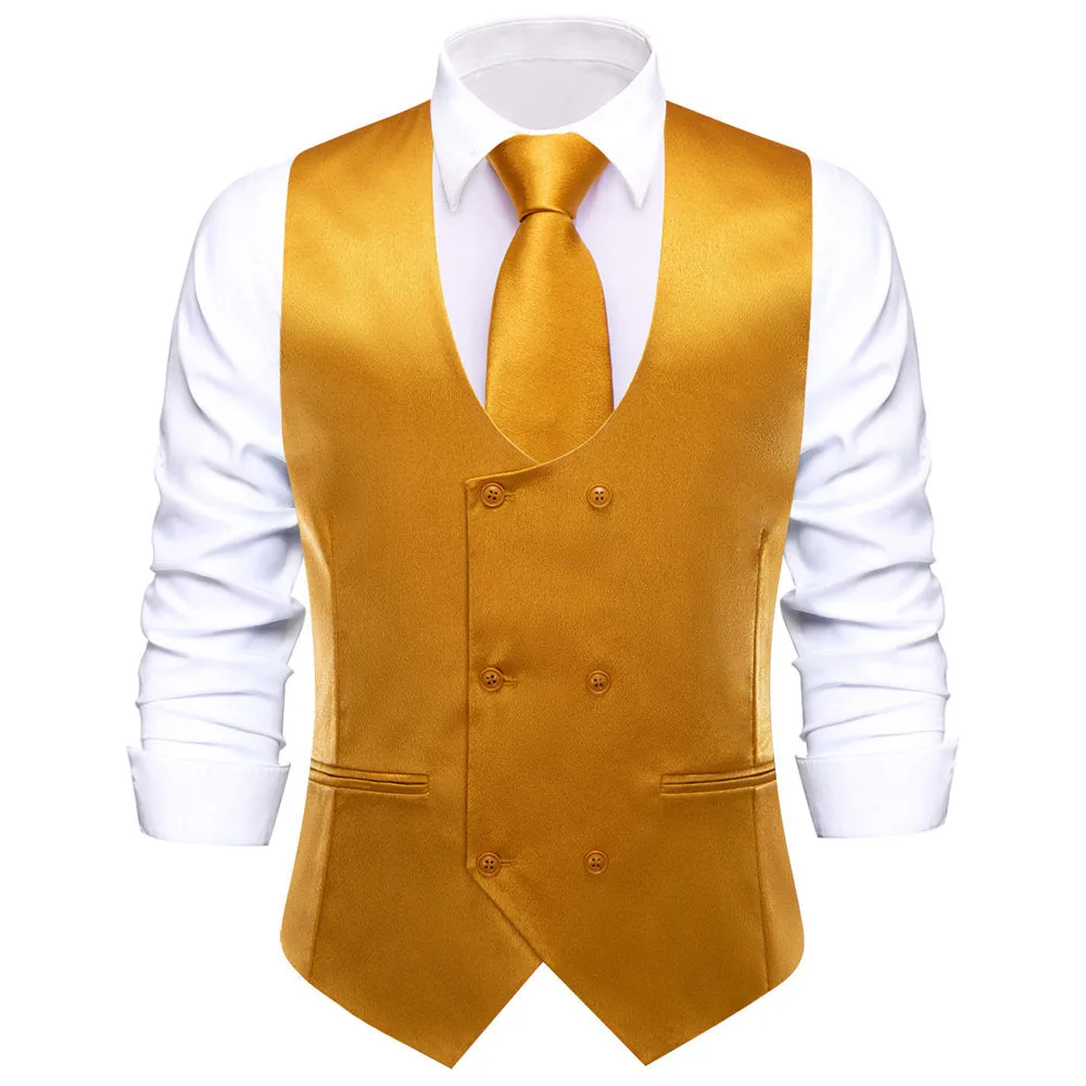 Hi-Tie Harvest Gold Solid U-Neck Double-Breasted Vest Necktie Bowtie Set