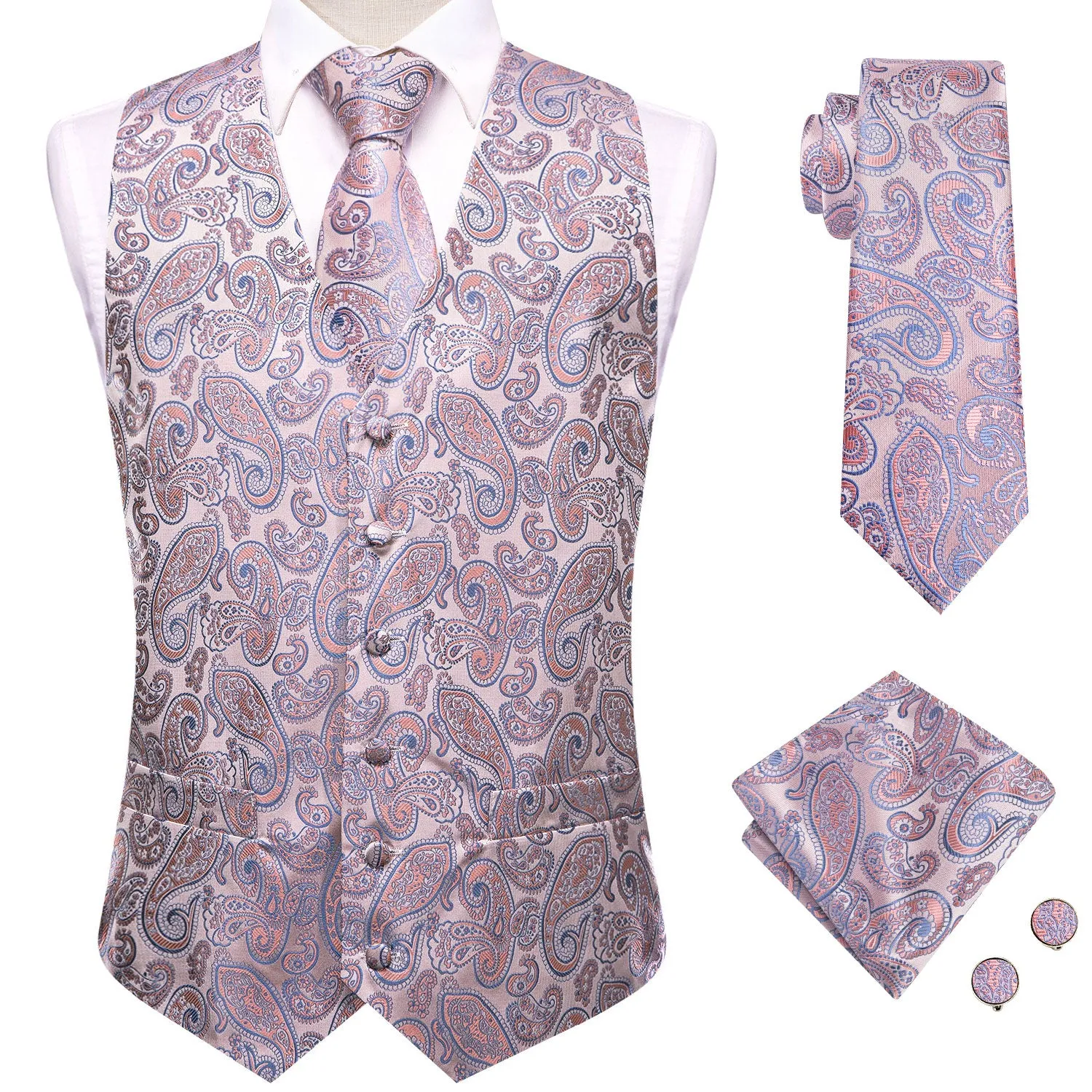 Hi-Tie Light Pink Blue Paisley Men's Vest Hanky Cufflinks Necktie Set