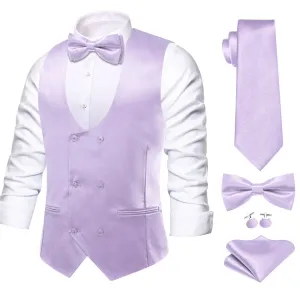 Hi-Tie Light Purple Solid U-Neck Double-Breasted Vest Necktie Bowtie Set