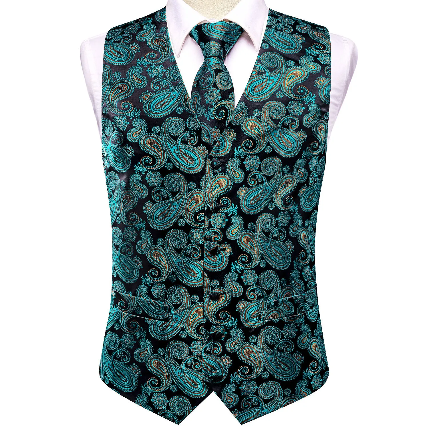 Hi-Tie Teal Black Paisley Silk Mens V-Neck Vest Hanky Cufflinks Tie Set