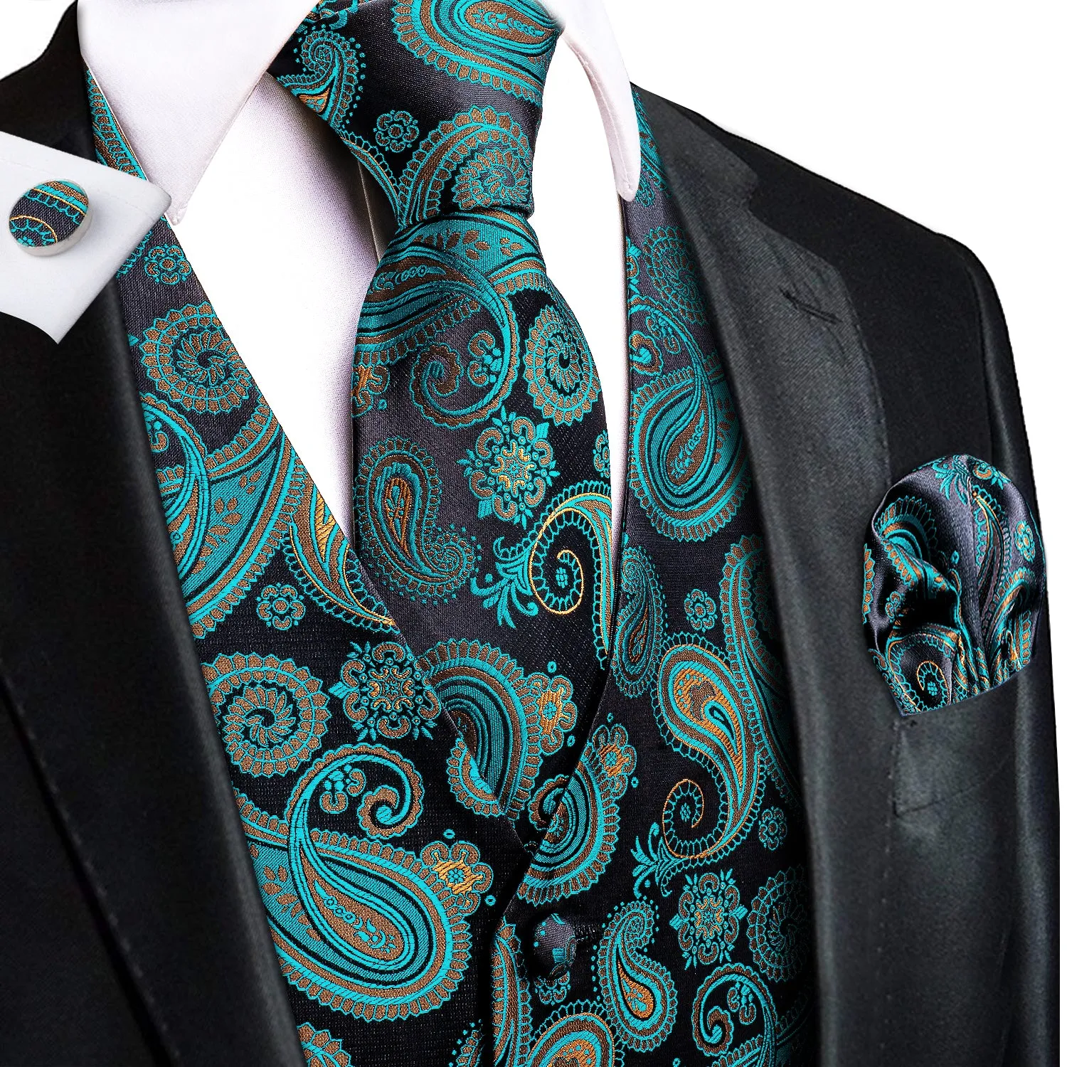 Hi-Tie Teal Black Paisley Silk Mens V-Neck Vest Hanky Cufflinks Tie Set