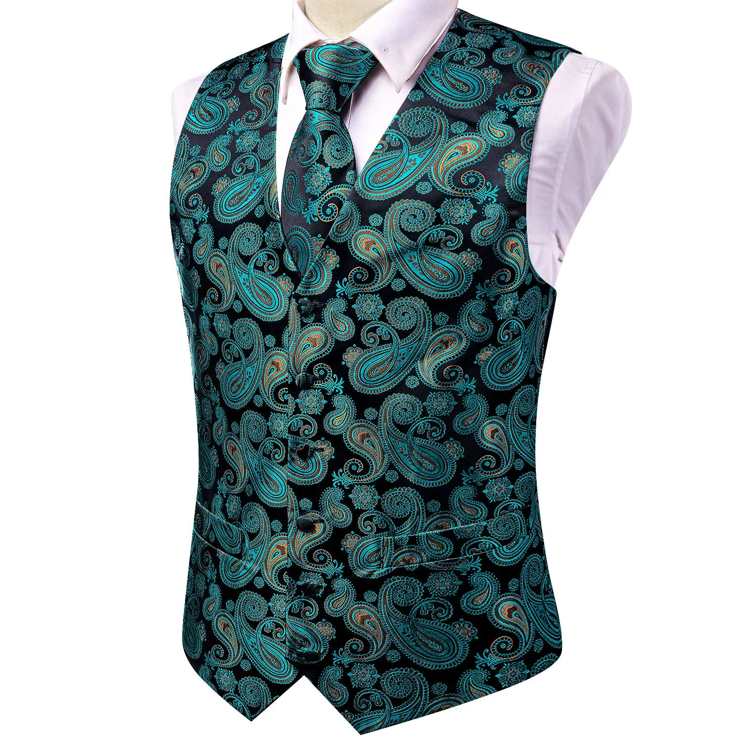 Hi-Tie Teal Black Paisley Silk Mens V-Neck Vest Hanky Cufflinks Tie Set