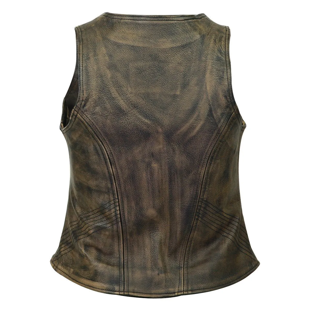 HML1031DB High Mileage Women's Distressed Brown Three-Zipper Cowhide Leather Vest