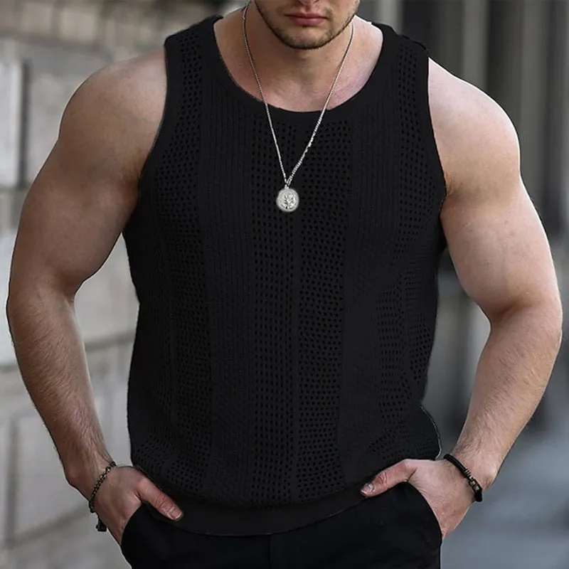 Hollow-out knitted sweater, men's sleeveless slim-fit knitted vest