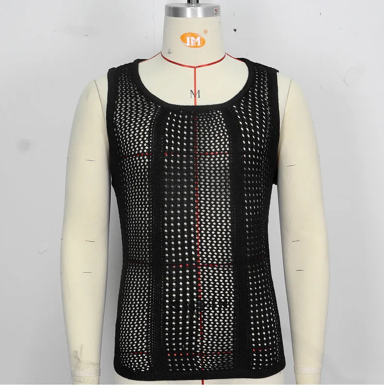 Hollow-out knitted sweater, men's sleeveless slim-fit knitted vest