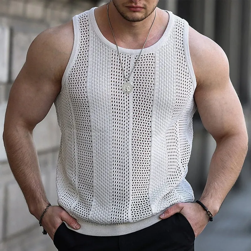 Hollow-out knitted sweater, men's sleeveless slim-fit knitted vest