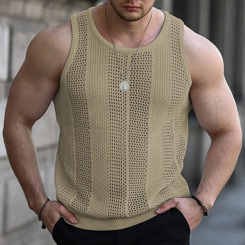 Hollow-out knitted sweater, men's sleeveless slim-fit knitted vest