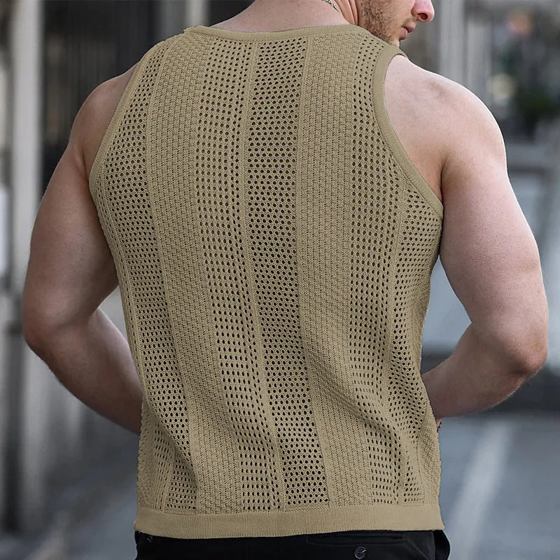 Hollow-out knitted sweater, men's sleeveless slim-fit knitted vest