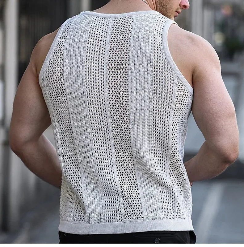 Hollow-out knitted sweater, men's sleeveless slim-fit knitted vest