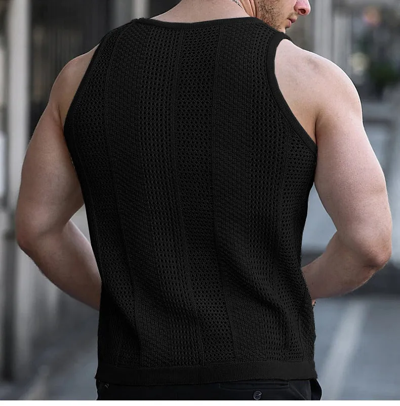 Hollow-out knitted sweater, men's sleeveless slim-fit knitted vest