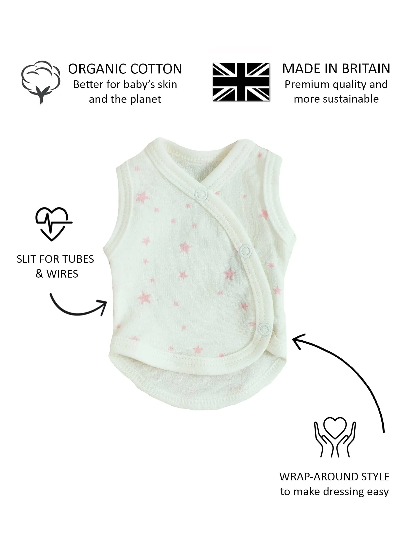 Incubator Vest, Pink Stars, Premium 100% Organic Cotton