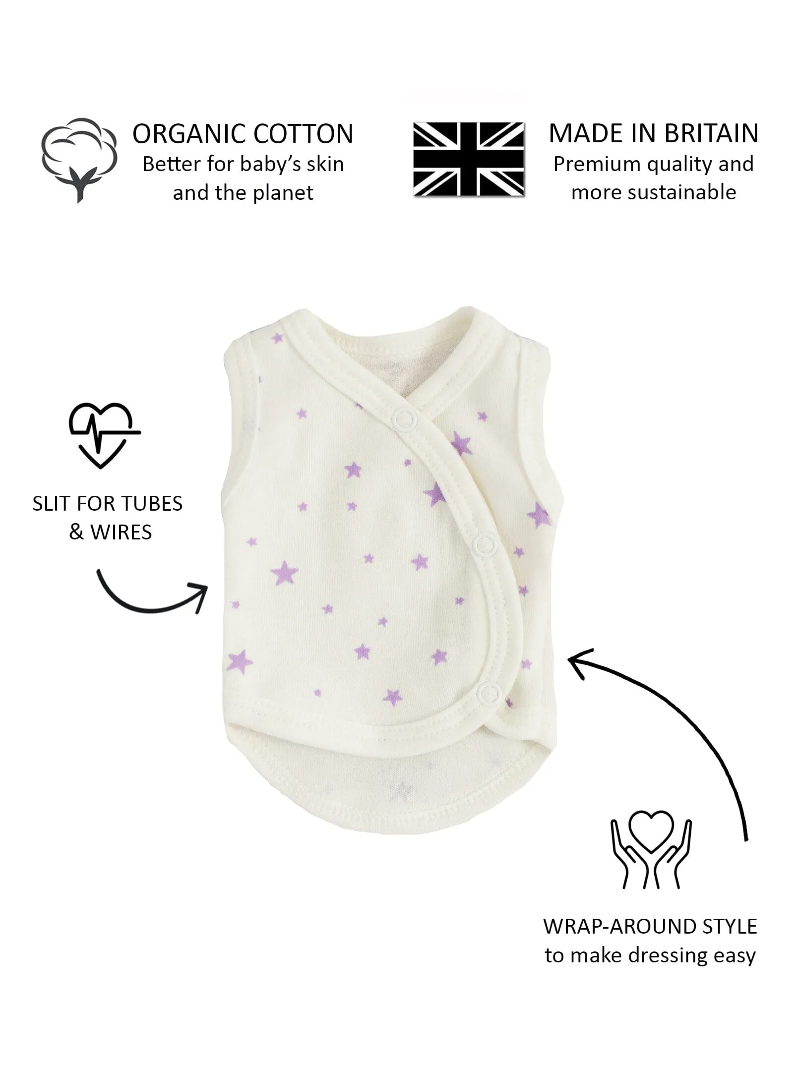 Incubator Vest, Purple Stars, Premium 100% Organic Cotton