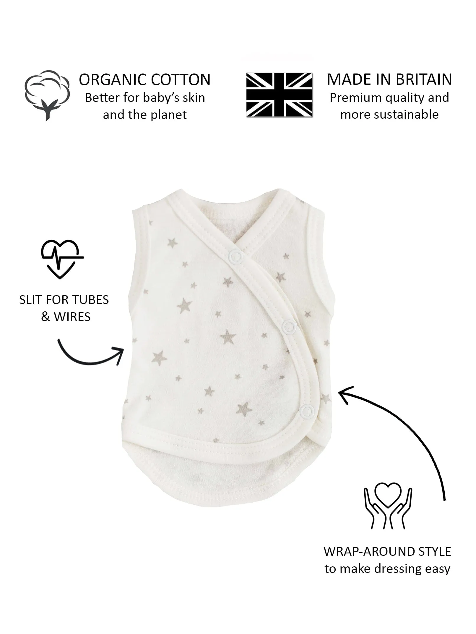 Incubator Vest, Silver Stars, Premium 100% Organic Cotton