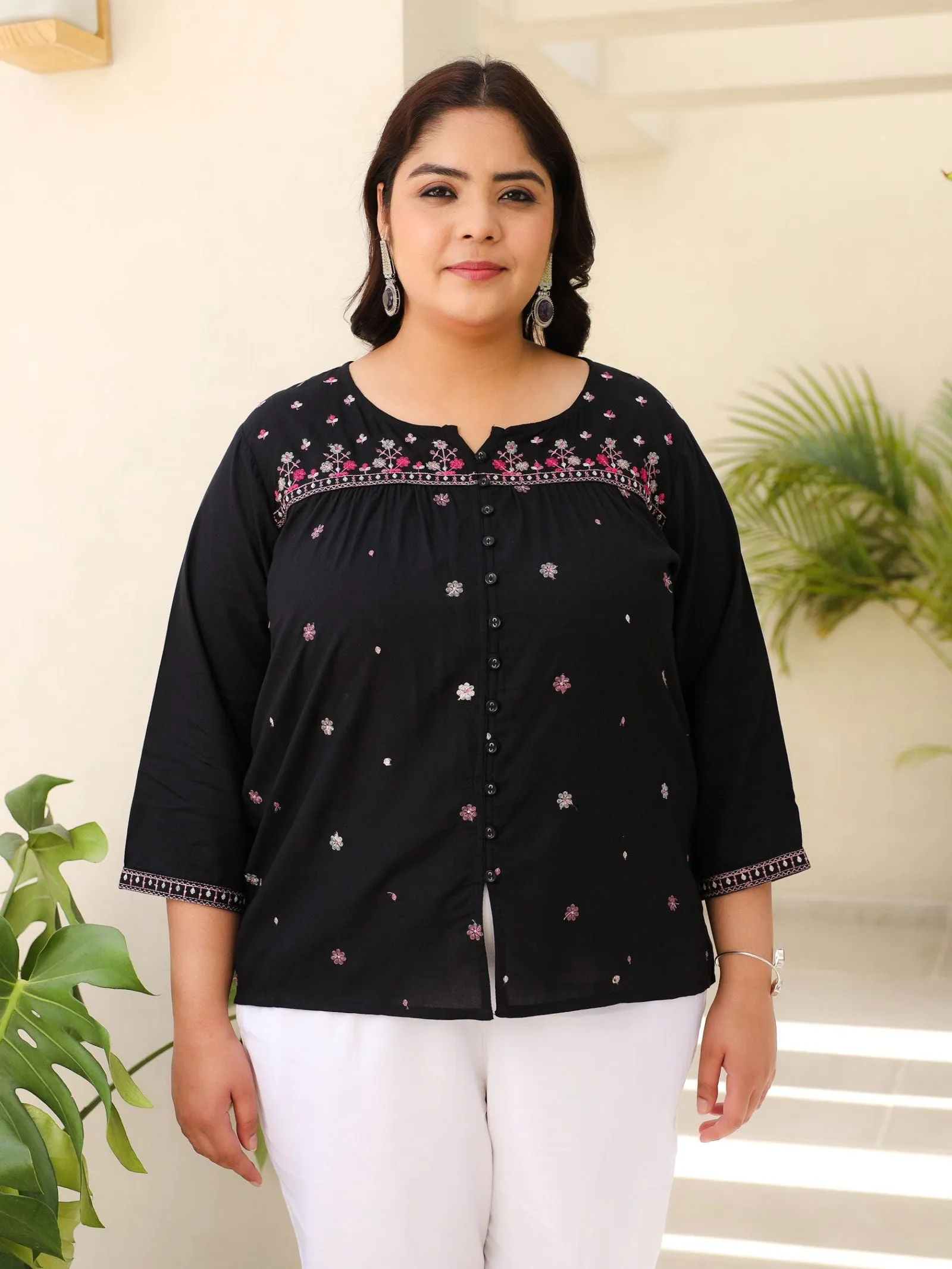 Juniper Black Gathered Rayon Plus Size Tunic With Thread Embroidery