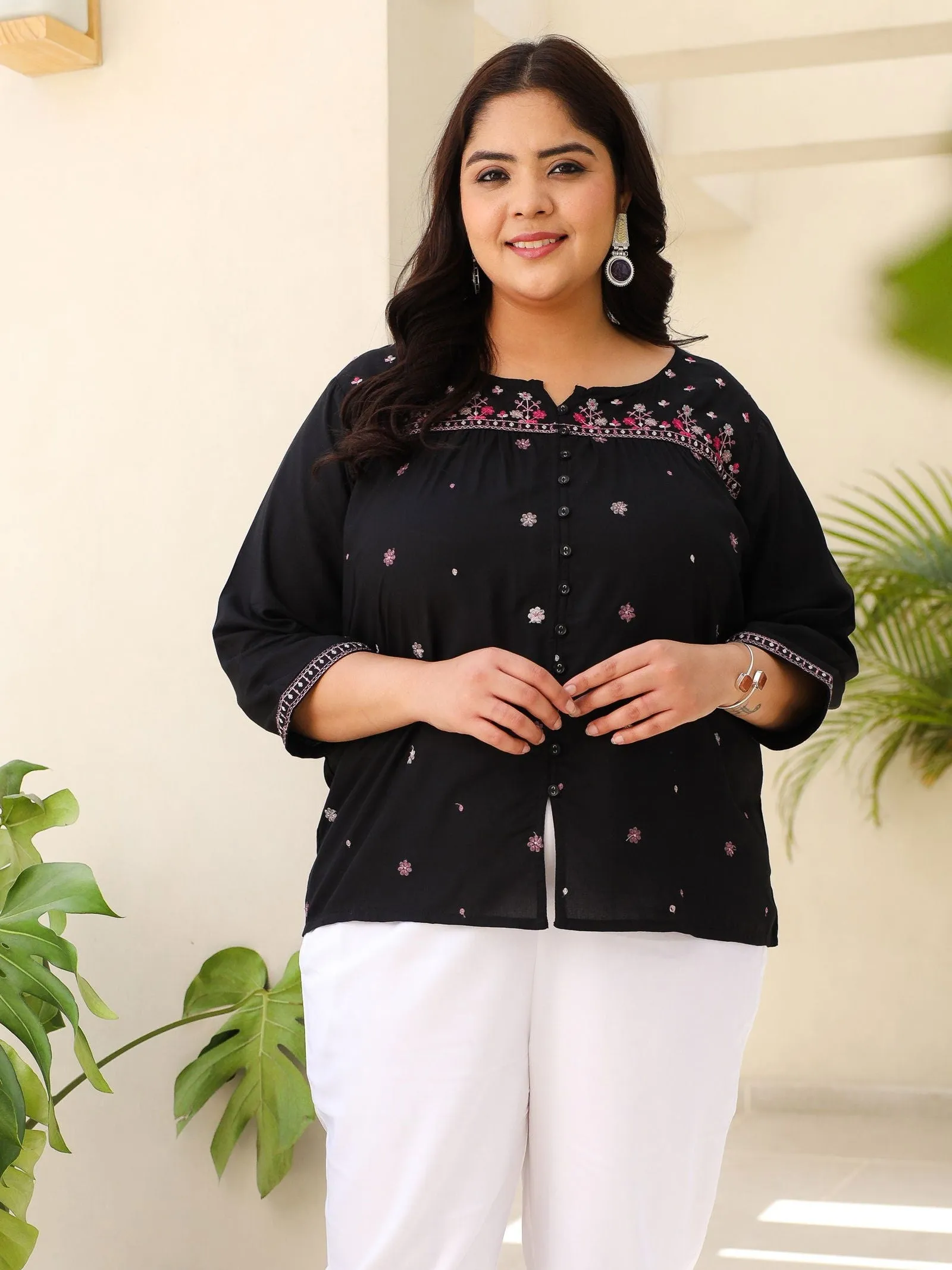 Juniper Black Gathered Rayon Plus Size Tunic With Thread Embroidery