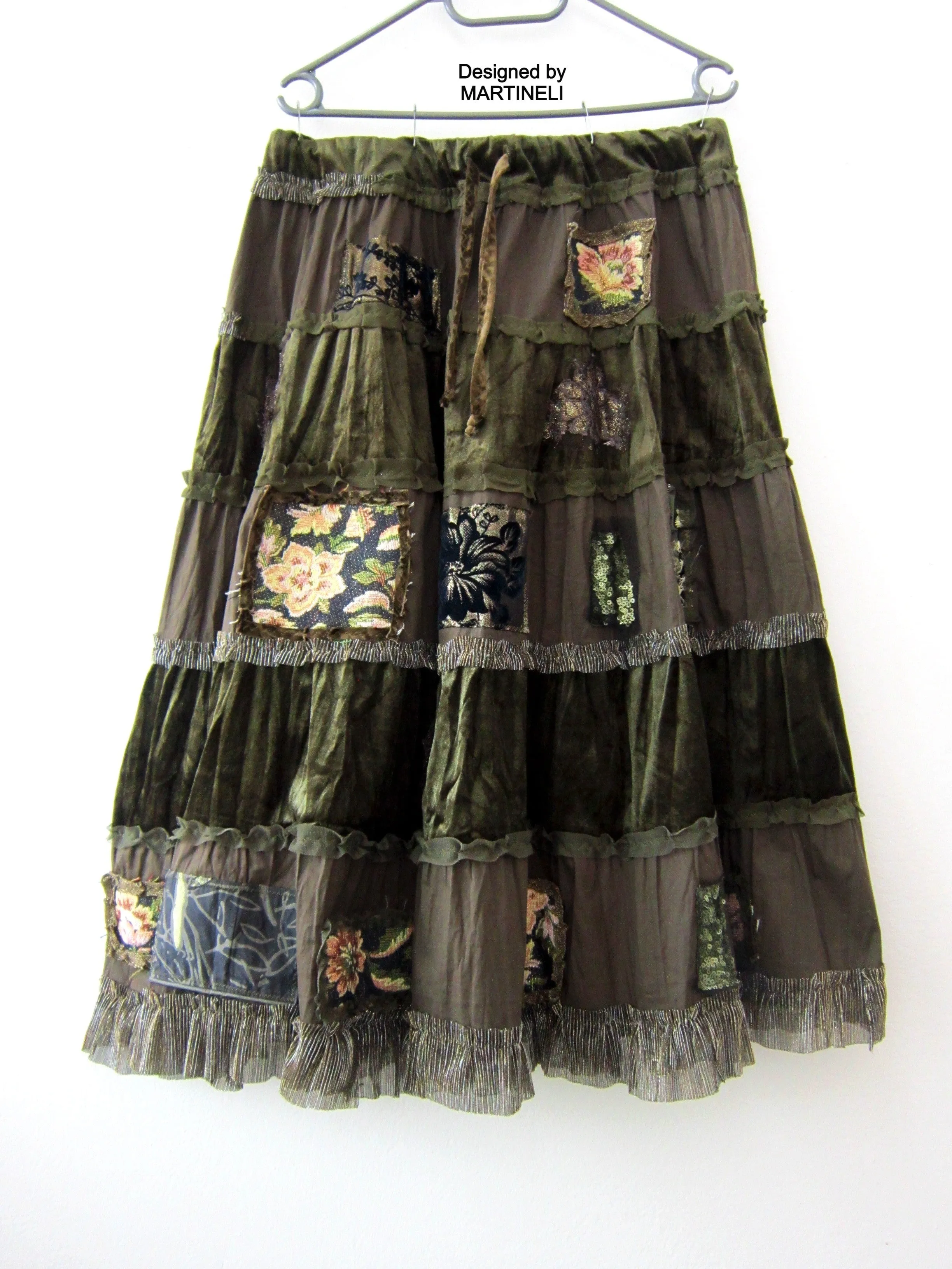 Khaki Green Long Skirt,L/XL Embroidered Boho Gypsy Skirt