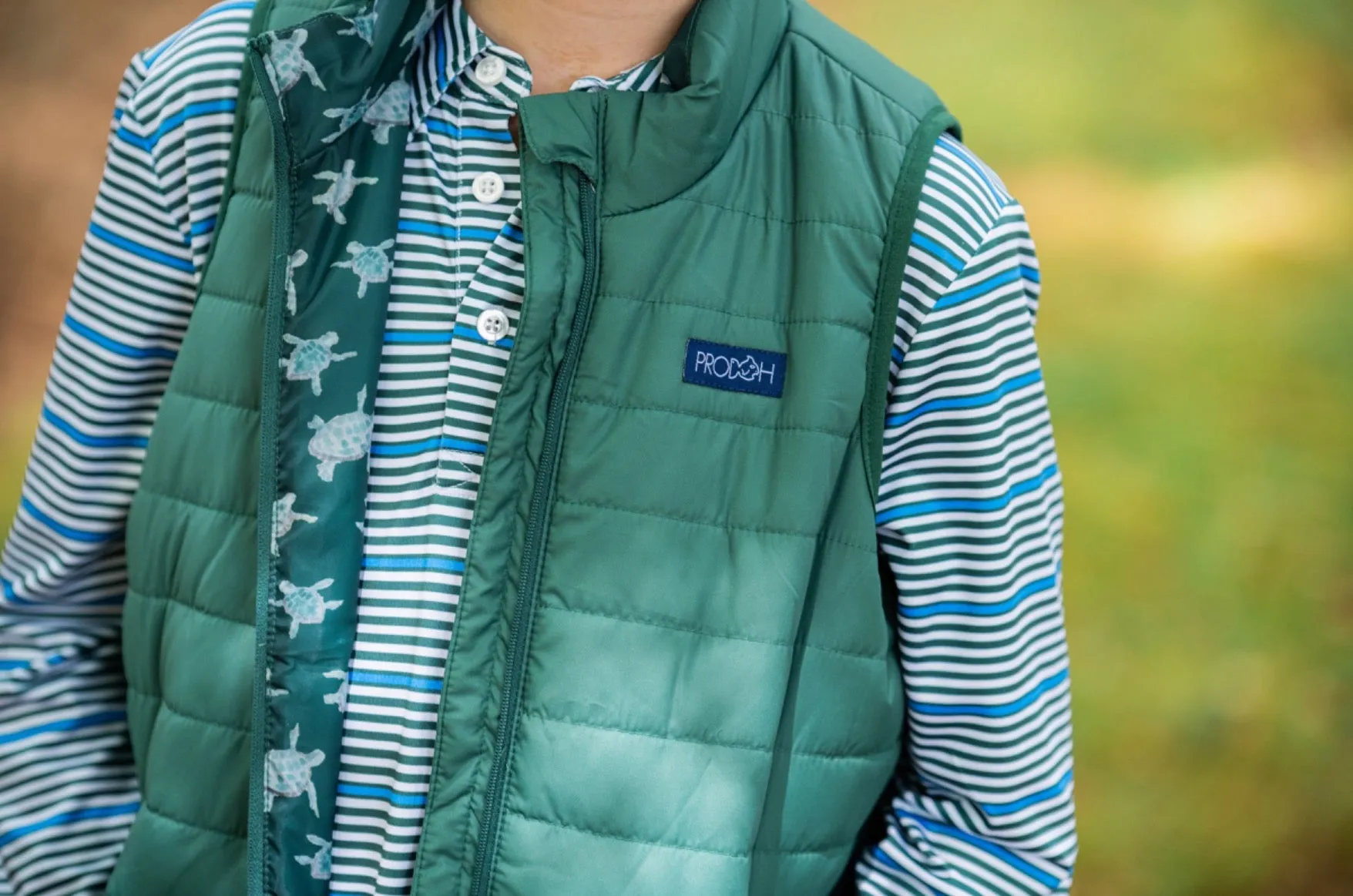 Kid's Puffer Vest in Posy Green with Sea Turtle Print Liner