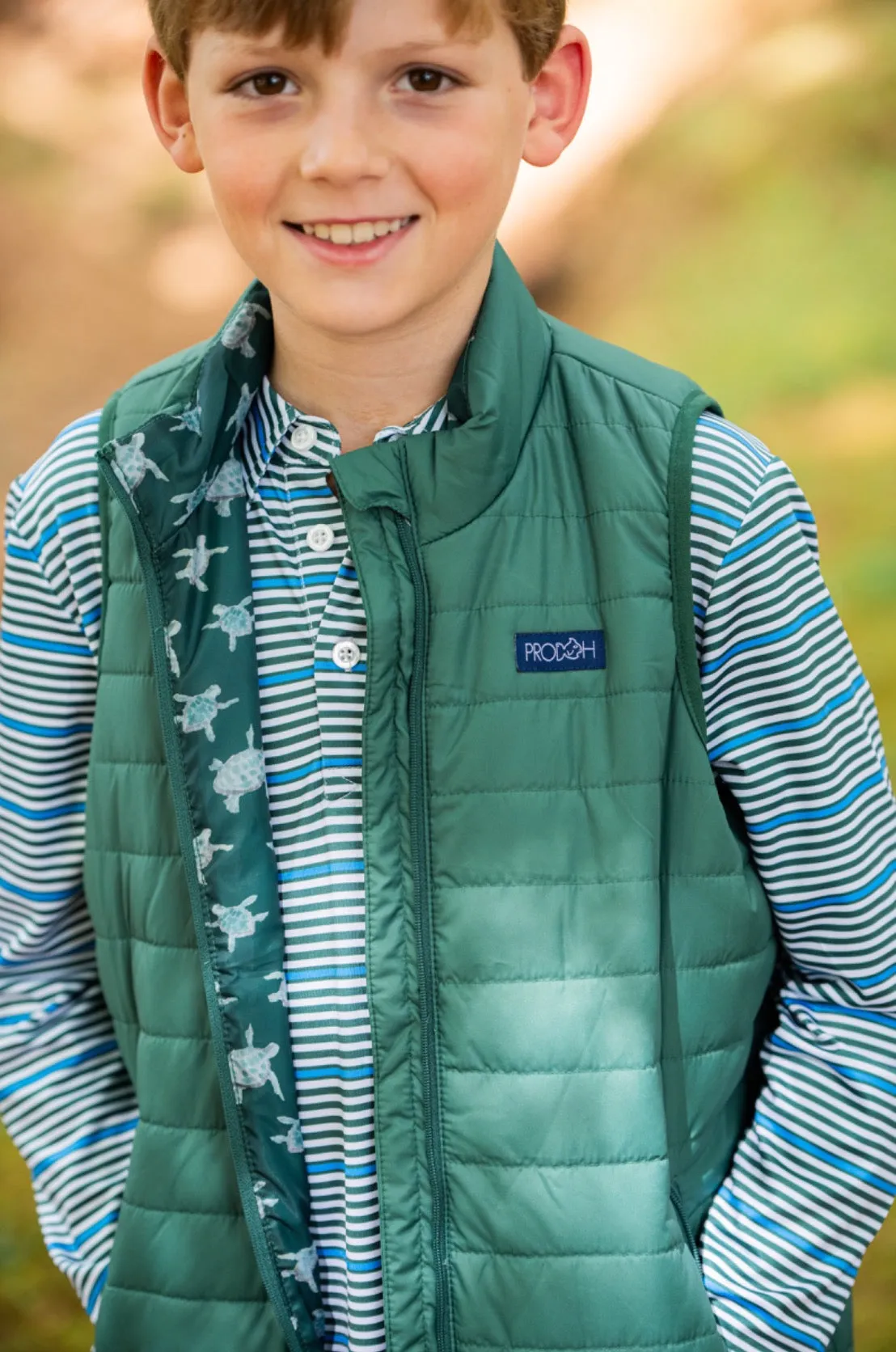 Kid's Puffer Vest in Posy Green with Sea Turtle Print Liner