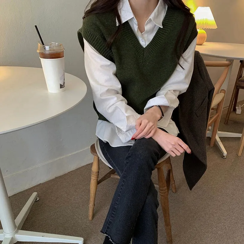 Korean Style White Shirt with Knitted V-Neck Vest