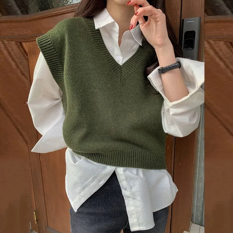 Korean Style White Shirt with Knitted V-Neck Vest