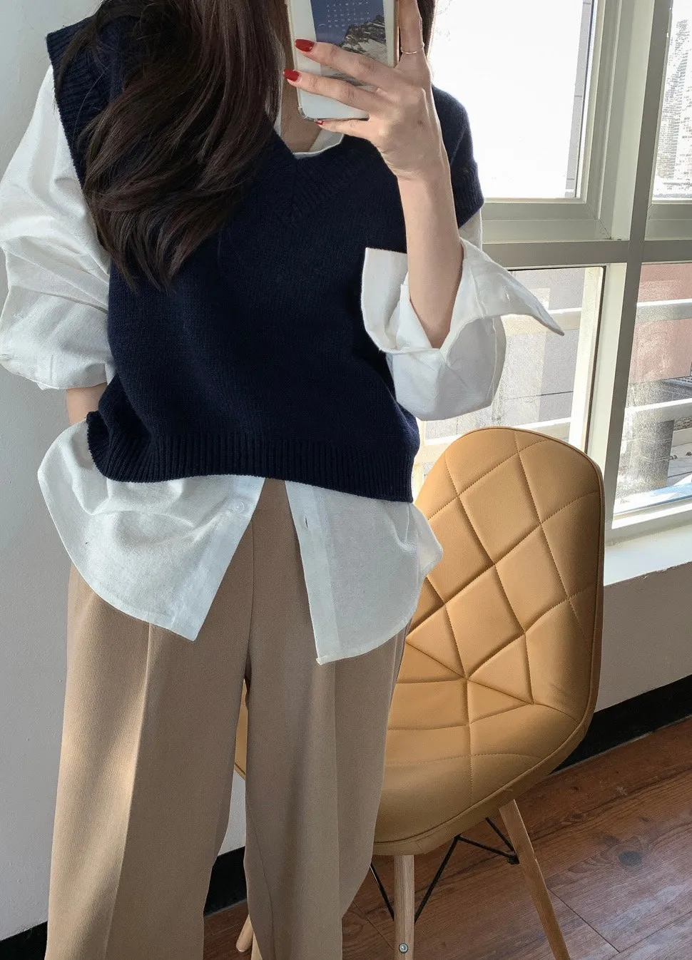 Korean Style White Shirt with Knitted V-Neck Vest