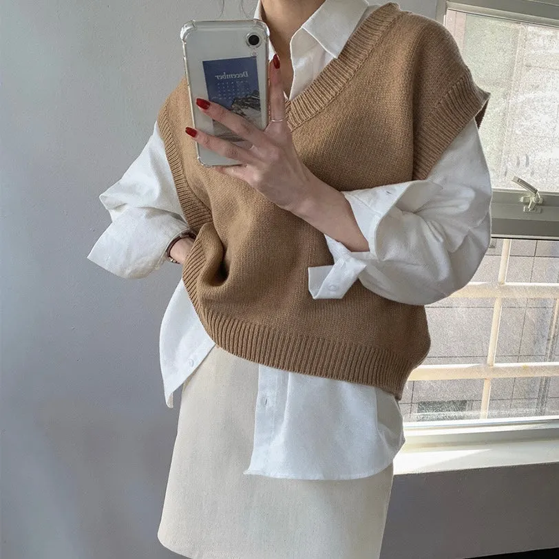 Korean Style White Shirt with Knitted V-Neck Vest