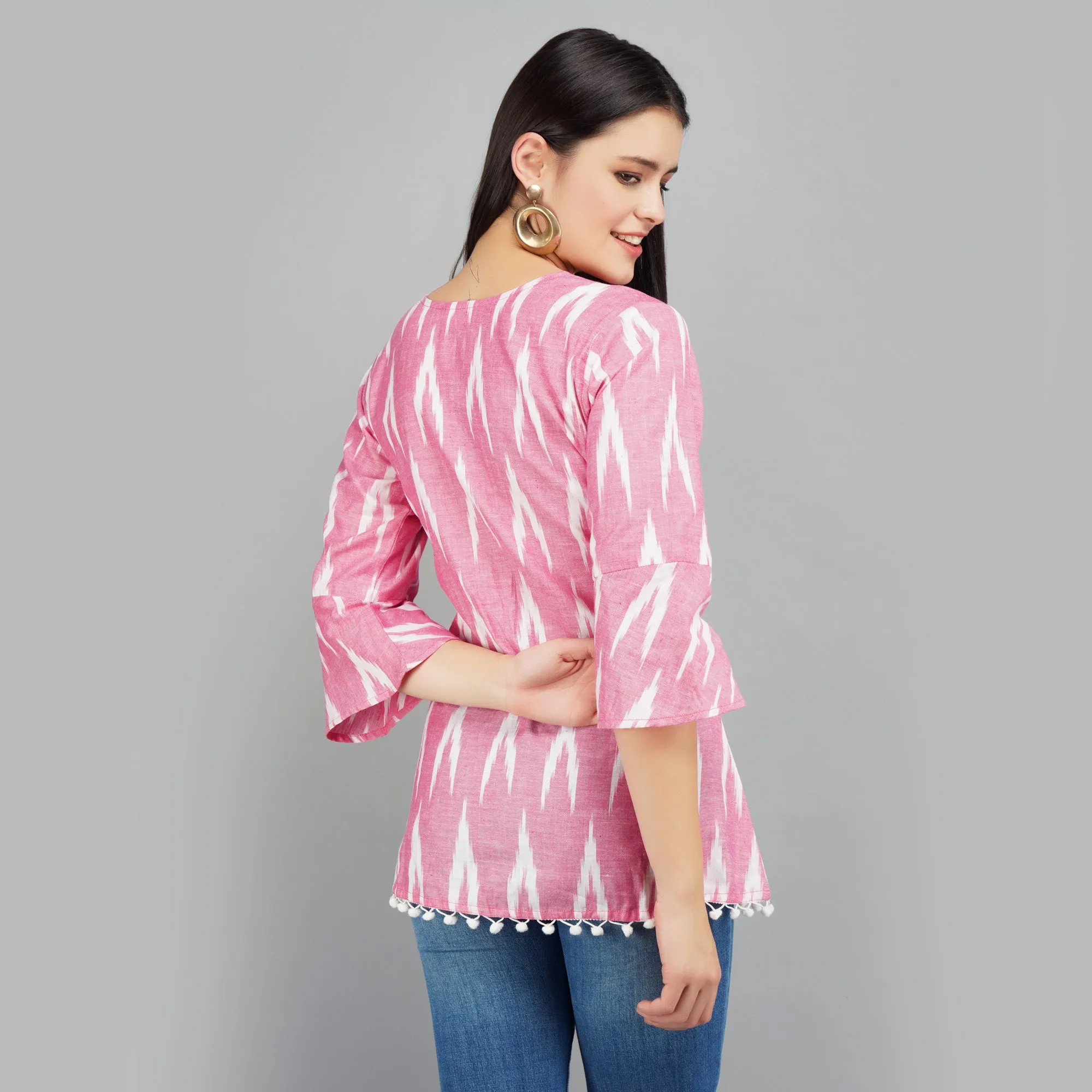 Laced Hem Pink Ikat Cotton Top