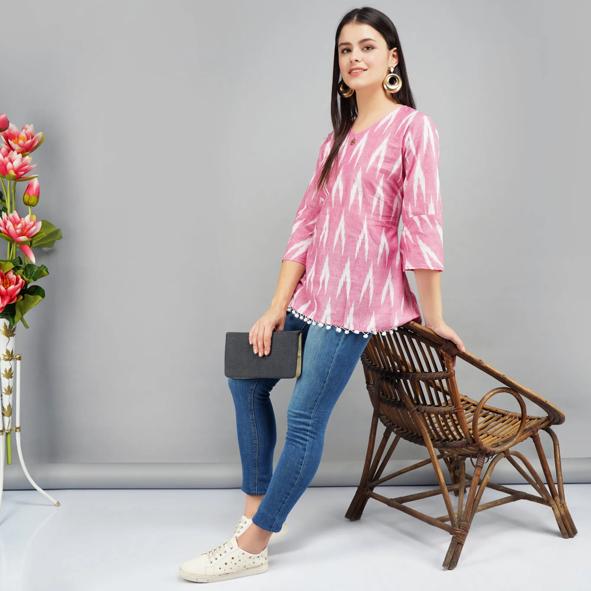 Laced Hem Pink Ikat Cotton Top