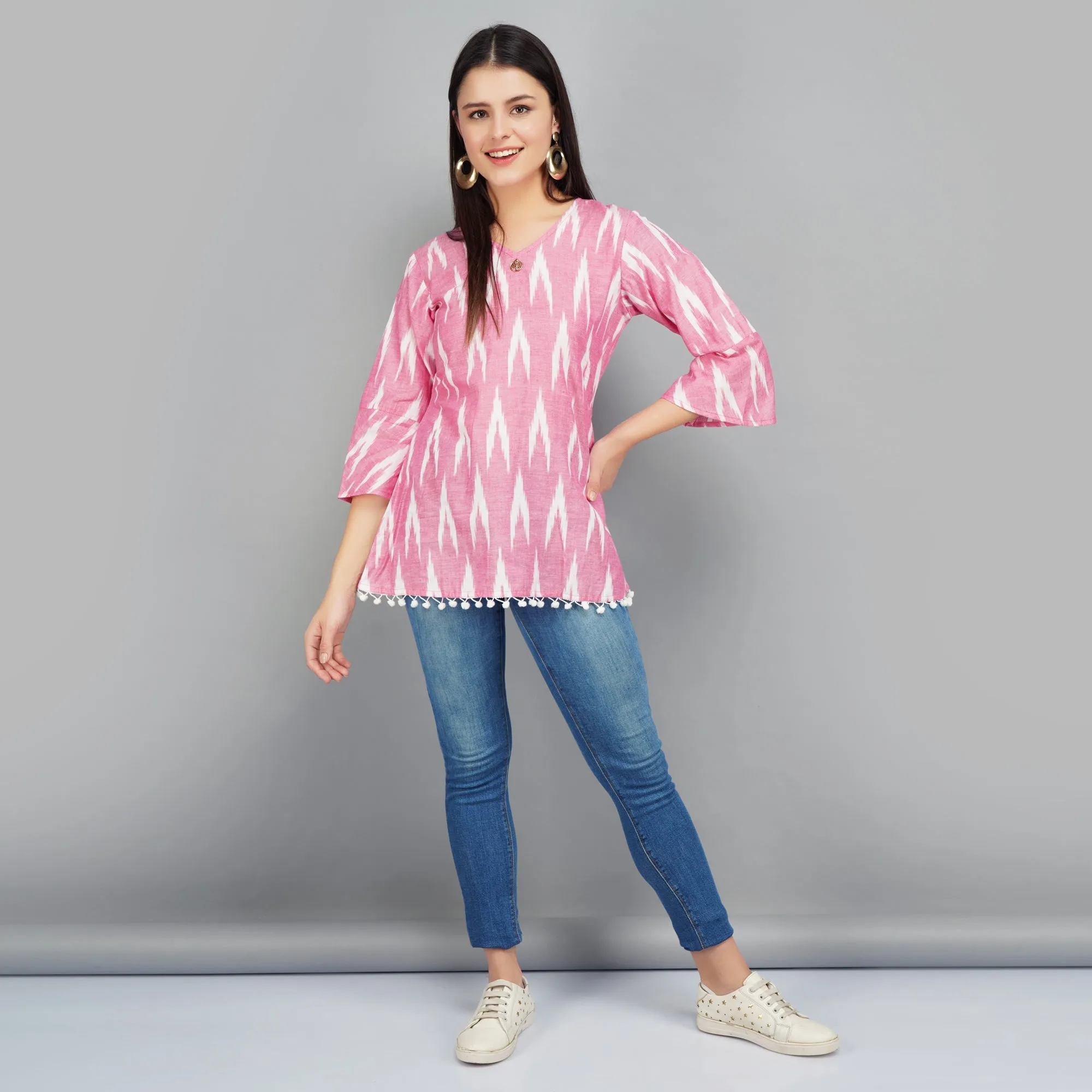 Laced Hem Pink Ikat Cotton Top