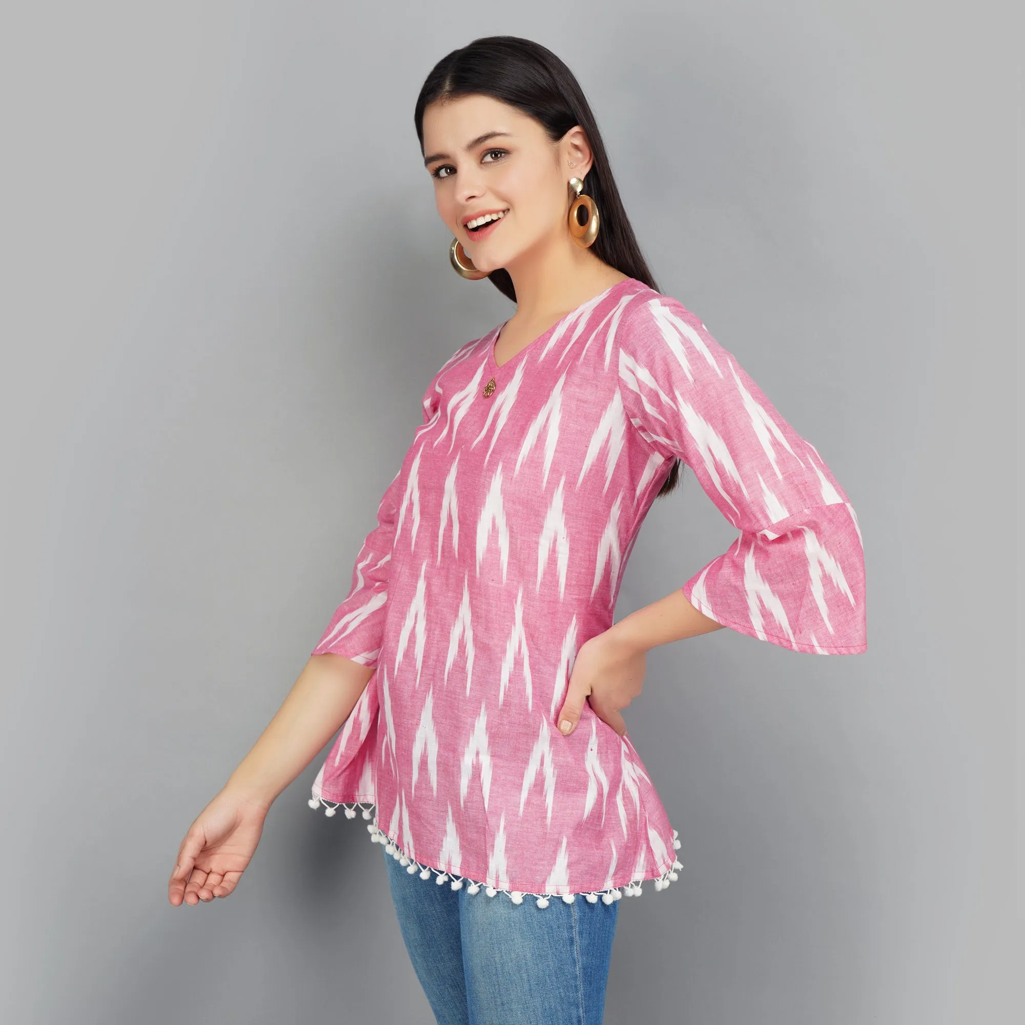 Laced Hem Pink Ikat Cotton Top