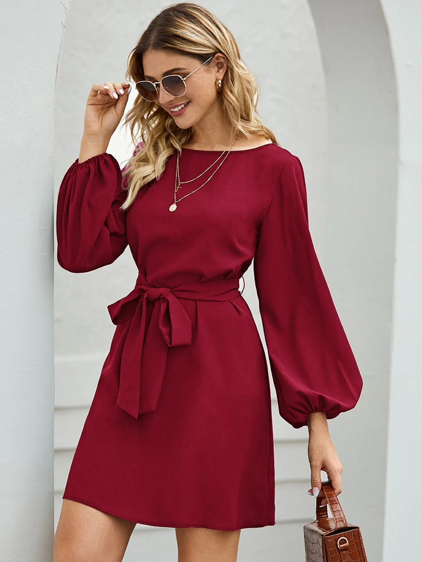 Lantern Sleeve Belted Tunic Dress