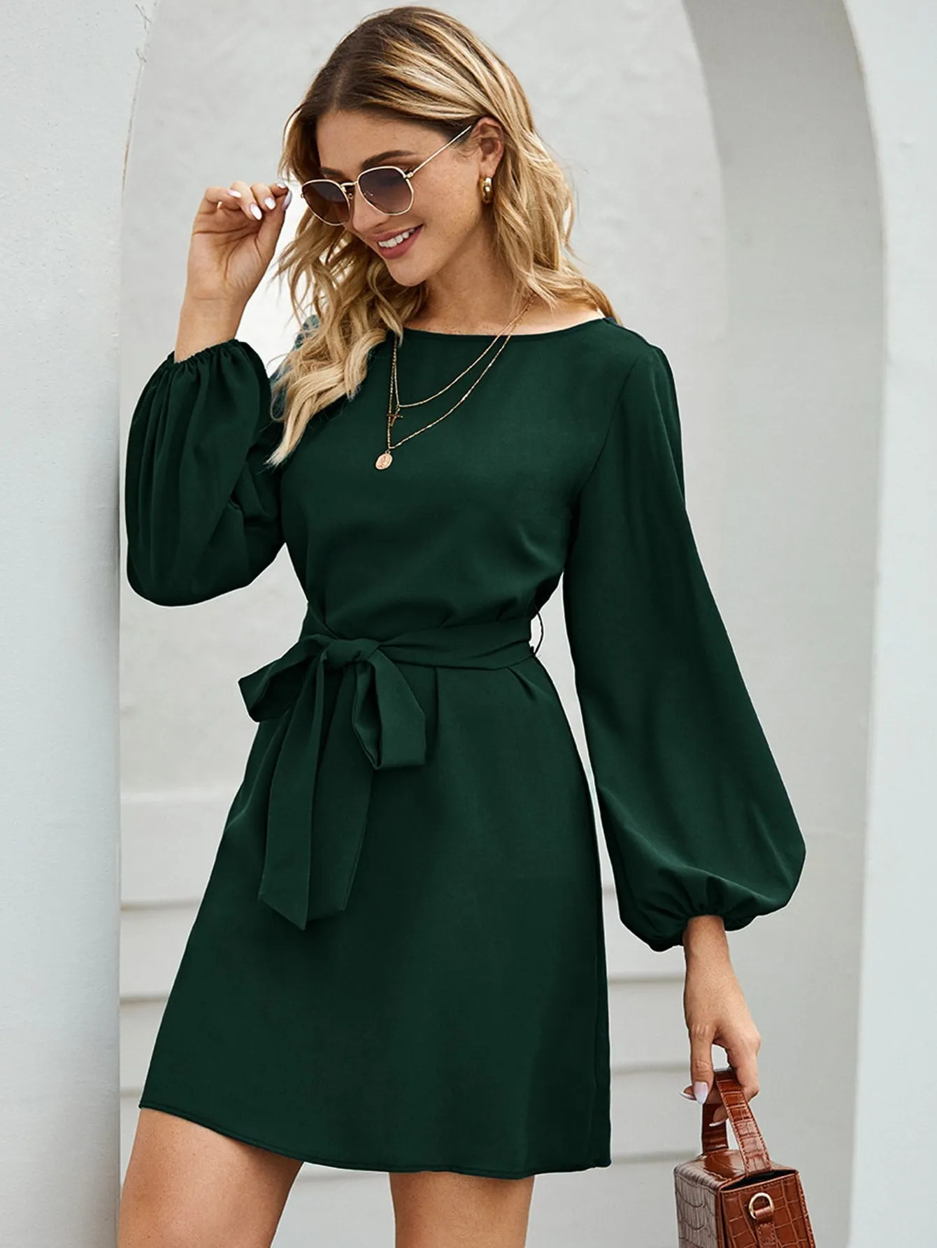 Lantern Sleeve Belted Tunic Dress