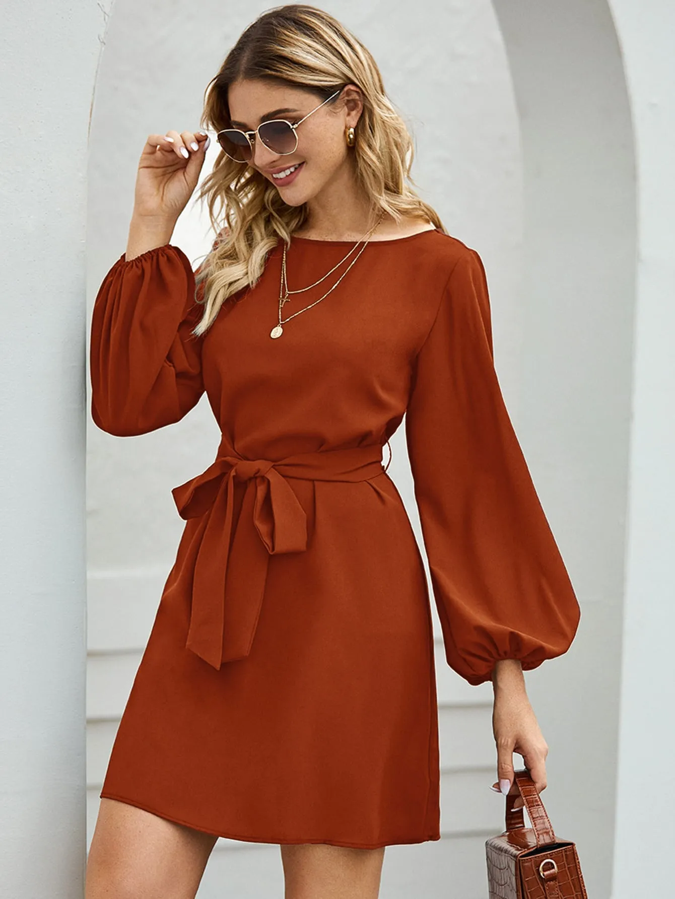 Lantern Sleeve Belted Tunic Dress